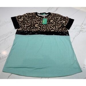 Sunshine & Rodeos Womens Leopard Sequin Mint Colorblock T-Shirt Size M NWT